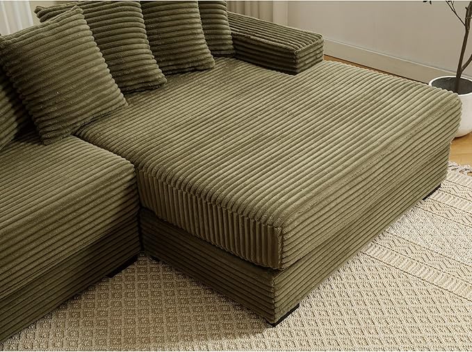 111 Inch Corduroy Sectional Couches for Living Room | L-Shaped Sectional Couch with 8 Pillows | Cloud Couch with Deep Seat | Solid Wood Frame Sofa Green (Right Facing Chaise)