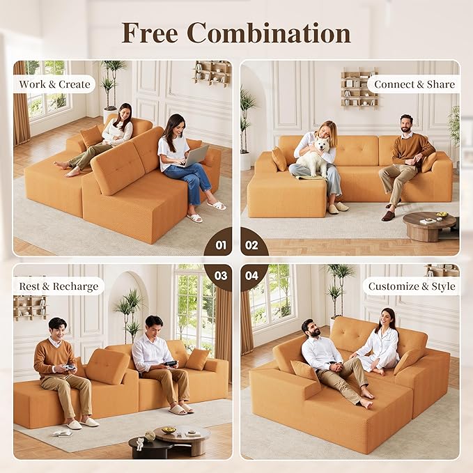 Ball & Cast 106" Cloud Sectional Couch, Compressed L-Shaped Sofa with Deep Seat Chaise, Boneless No Assembly Modular Couch, Foam & Spring Support, 2 Boxes (Right Facing, Chenille Orange)