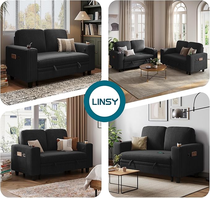 LINSY HOME Loveseat Sofa with Storage - Comfy Plush Corduroy 2 Seater Sofa with USB Charging & Cup Holders, Deep Seat Love Seat for Small Spaces Living Room Bedroom Apartment, Black