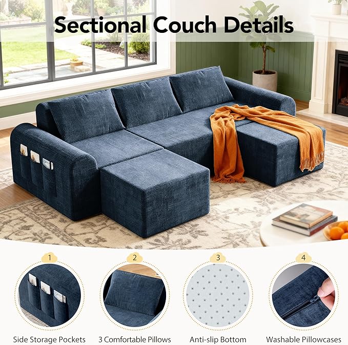 86.6" Cloud Boneless Sectional Sofa for Living Room, 3-Seater Modular Couch for Small Apartments with 2 Ottomans, Deep Seat Chenille Fabric Sofa, No Assembly Required, 72H Full Restore, Blue