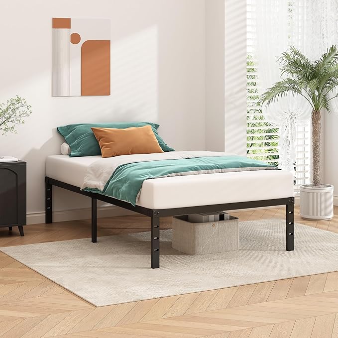HLIPHA Metal Platform Bed Frame 18 Inch Tall,No Box Spring Needed,Twin Size Bed with Heavy Duty Strong Support Slats,Easy to Assemble,Black