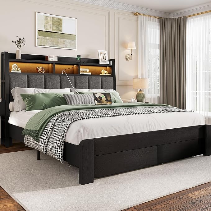 BRELTAM King Size Bed Frame with 2 Storage Drawers, Wooden Upholstered Bed Frame with 2-Tier Storage Headboard Built in Charging Station & LED Light,Noise-Free/Metal Support/No Box Spring Needed,Black