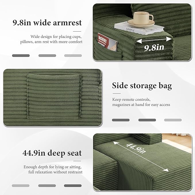 96" Sectional Couches for Living Room Cloud Couch Sofa with L-Shape Upholstered Boneless Couchs Modern Modular Sectional Couch with Chaise (Green, 96" W+Left Facing Chaise+2Seaters+Ottoman)