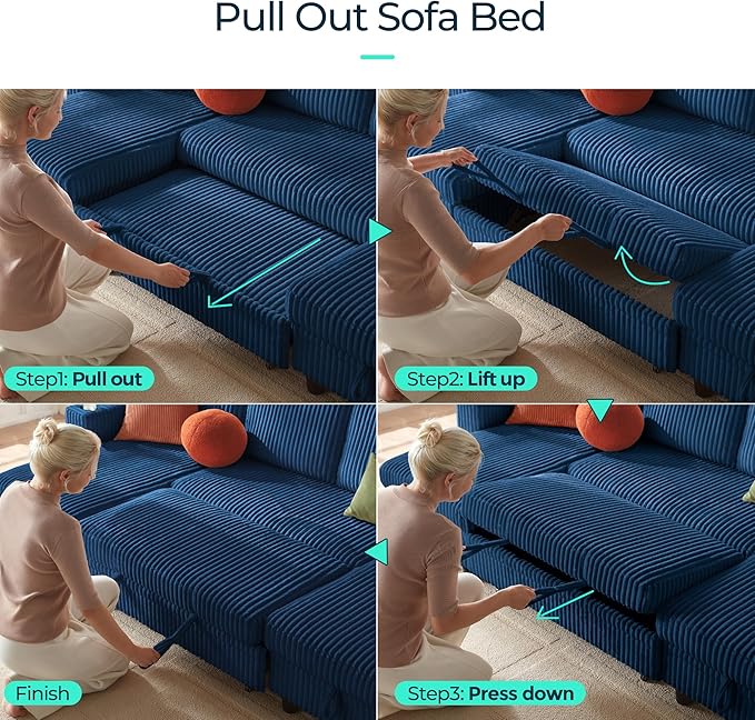 LINSY HOME Sectional Sleeper Sofa Pull Out Couches for Living Room (Blue, Sleeper Sofa 3) | Pull Out Sofa Bed, Storage, USB Charging, Cup Holders, Plush Corduroy