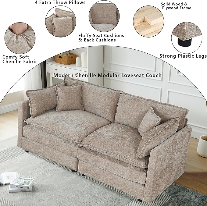 Setawix Chenille Loveseat Sofa Couch with Deep Seat,Large 2 Seater Cloud Couches for Living Room,77.16" Roomy Cloud Sofas,Modular Sectional 2 Seat Sofa with Pillows for Bedroom. (Coffee, 2 Seater)