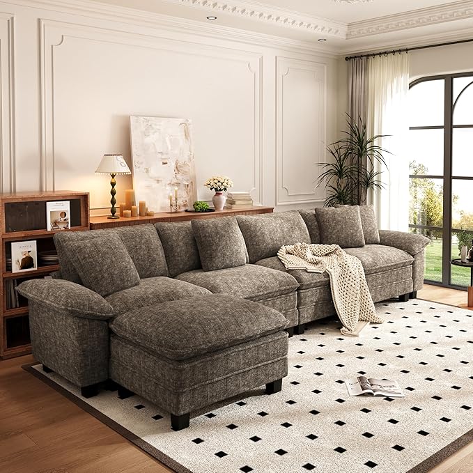 PHI VILLA Cloud Modular Couch Sets, 123.6" Sectional Sofa with L-Shaped Chaise, 4-Seater Upholstered Couches with Movable Ottoman for Living Room, Chenille Fabric, Taupe