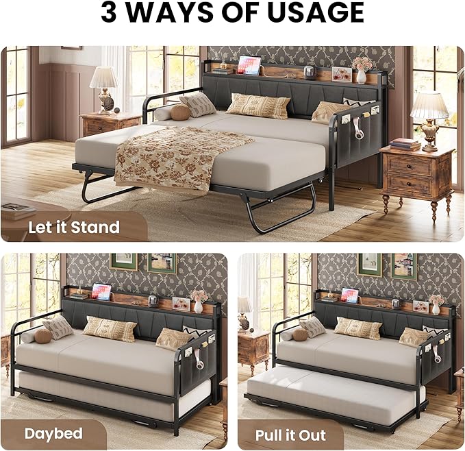 LIKIMIO Daybed with Trundle Bed, Twin Bed Frame with Storage Headboard and Charging Station, Sofa Day Bed with Strong Supports for Living Room, Bedroom, and Guest Room, Grey