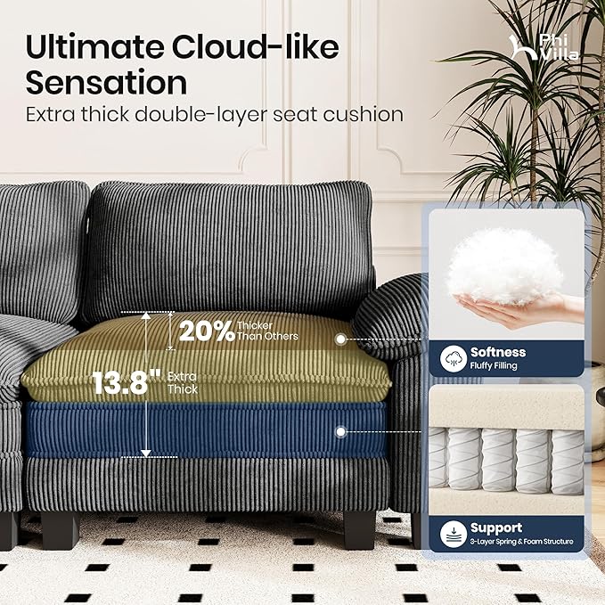 PHI VILLA 2 Pieces Modular Sofa and Loveseat Set, Corduroy 5-Seater Oversized Couch Sets with Deep Seat, Sectional Couches for Living Room, Grey