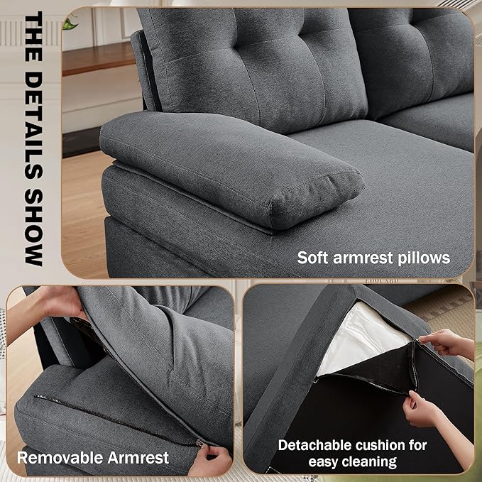 111" Sectional Couch for Living Room, Modern Polyester Fibre U Shaped Sofa Couches with Double Chaise, Upholstered 4 Seater Sofa for Living Room, Apartment, Office, Dark Grey