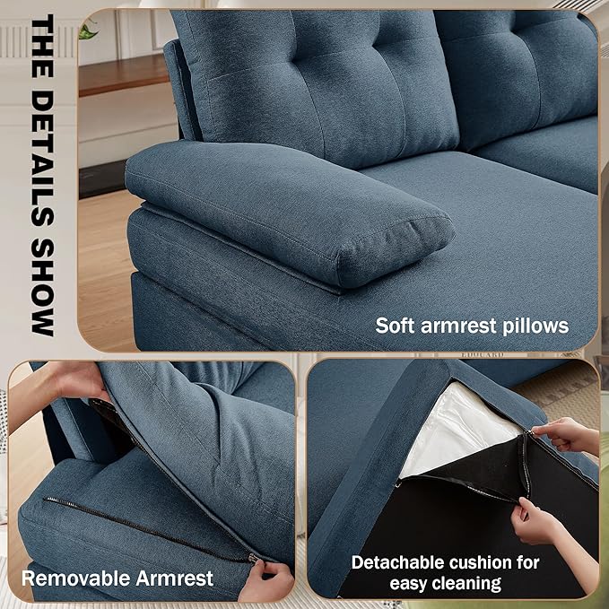 111" Sectional Couch for Living Room, Modern Polyester Fibre U Shaped Sofa Couches with Double Chaise, Upholstered 4 Seater Sofa for Living Room, Apartment, Office, Blue
