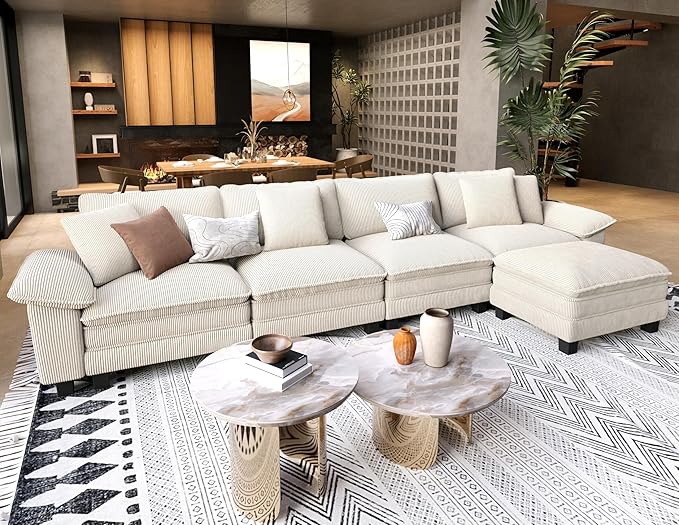 L Shaped Modular Cloud Couch, 157.5'' Oversized Corduroy Sectional Sofa with Wider Armrest and Ottoman, Upholstered 5-Seat Modern Deep Seat for Bedroom Living Room, Beige