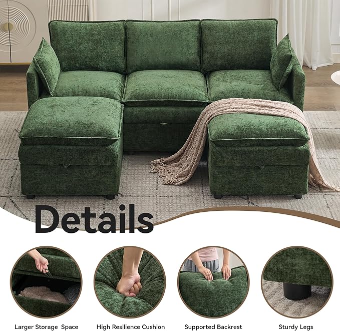 80" Cloud Modular 3 Seater Sofa with 2 Storage Ottoman, Modern Upholstered Storage Sofa Couch Deep Seat, U Shape Sectional Sofa Chenille Comfy Couch with Armrests for Living Room, Small Space, Green | Modular Sofa, Storage Ottoman, Upholstered Sofa, Se...