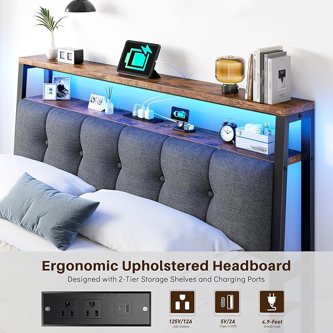 Homkdom Full Size Bed Frame with Charging Station and LED Lights, Grey Upholstered Headboard with 2-Tier Storage Shelves,12" Under-Bed Storage, No Sliding,Noise-Free,Easy Assembly,Vintage Brown