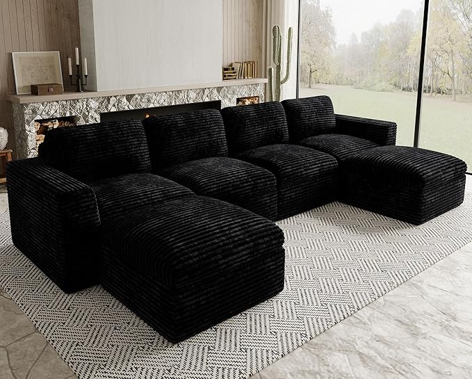 Belffin Boneless Cloud Modular Sectional Sofa with Deep Seat Plush Corduroy U Shaped Cloud Sectional Couches for Living Room No Assembly Required. Black Couch