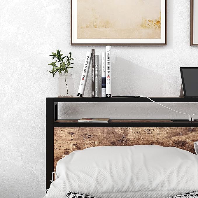 BOFENG Full Size Bed Frame with Storage Headboard,USB Charging Station,Metal Platform Double Bed Frame Full Size,Reinforced Steel Slats Support,No Box Spring Needed,Noise Free,Rustic Brown