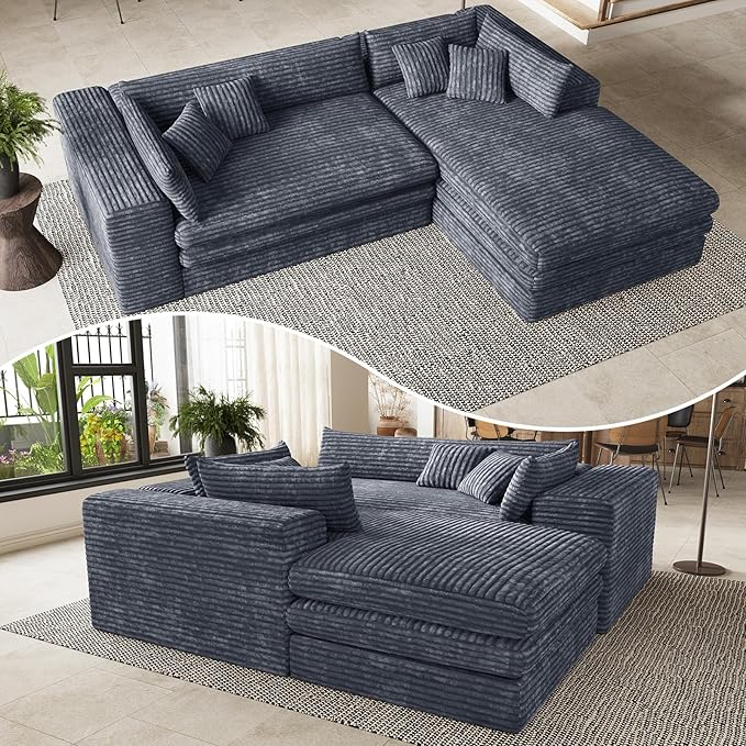 Belffin Boneless Cloud L Shaped Couch with Deep Seat Plush Corduroy Boneless Modular Cloud Sectional Couches for Living Room. Right Facing Chaise. Grey Sofa