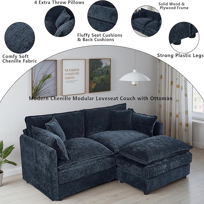 Setawix Deep Loveseat Couch with Ottoman,Large L-Shaped 2 Seater Cloud Couches for Living Room,77.16" Chenille Cloud Sofas with Deep Seat,Modular Sectional 2 Seat Sofa for Bedroom (Blue, 2+1)
