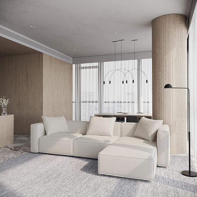 Acanva Luxury Modular Sectional Living Room Sofa Set, Modern Minimalist Style Couch with Ottoman and Chaise, L-Shape, Linen-Like Cream