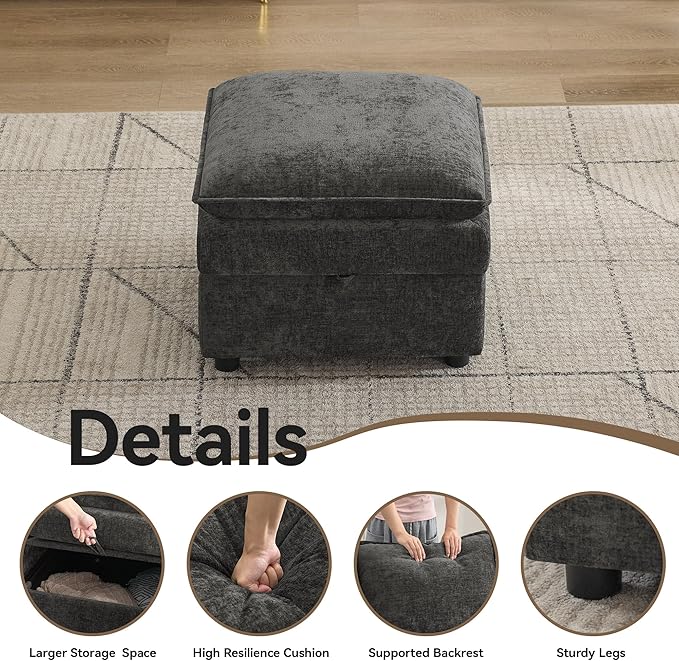 27" Large Square Ottoman with Storage, Modern Upholstered Footrest with Anti-Slip Legs for Couch Coffee Table Living Room, Bedroom, Entryway, Chenille Dark Grey | Upholstered Footrest, Square Ottoman, Footrest, Coffee Table, Couch