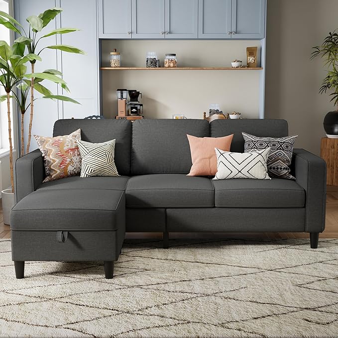Sectional Sofa and Couches for Living Room, 78'' Dark Grey 3 Seat L-Shaped Couch with Movable Ottoman, Comfy Linen Convertible Sectionals Sofas with Chaise for Apartment, Dorm, Small Space