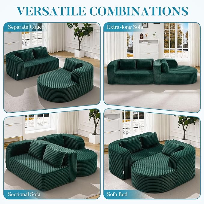 Hobestluk 96" Cloud Sectional Couch Modern Boneless Couch 3 Seater with Oversized Chaise L Shaped Modular Sofa Couches for Living Room Apartment No Assembly Required (Stripe Green,Right Facing Chaise)