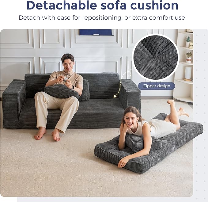 MAXYOYO Convertible Sofa Bed, Pull Out Oversized Loveseat Sleeper Sofa, 2 in 1 Folding Couch Bed, Fold Out Floor Couch with Pillows for Living Room Bedroom Lounge, Dark Grey