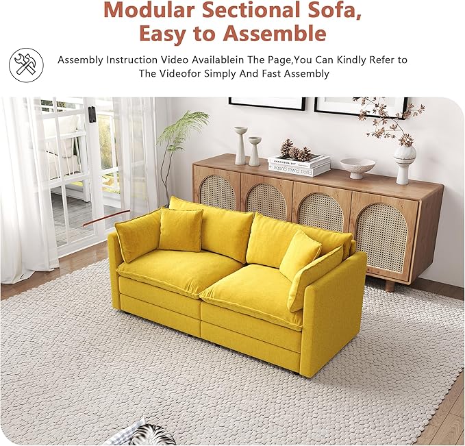 Setawix Chenille Loveseat Sofa Couch with Deep Seat,Large 2 Seater Cloud Couches for Living Room,77.16" Roomy Cloud Sofas,Modular Sectional 2 Seat Sofa with Pillows for Bedroom. (Yellow, 2 Seater)