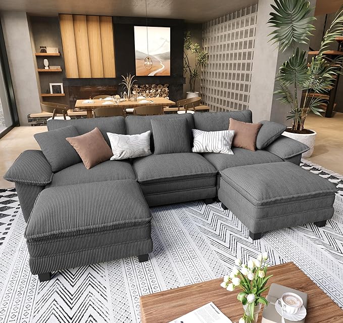 U Shaped Modular Cloud Couch, 123.6'' Comfy Corduroy Sectional Sofa with Wider Armrest and Ottoman, Upholstered 5-Seat Modern Deep Seat for Bedroom Living Room, Grey