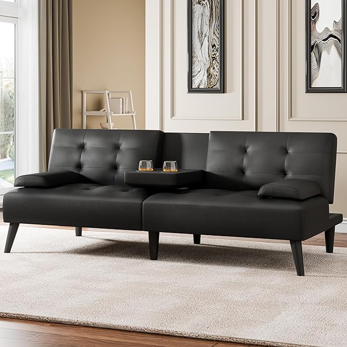 Meilocar 64" Futon Sofa Bed, Small Loveseat with 2 Cup Holders, Small Couch with 3 Adjustable Angles & Removable Armrest, Modern Sleeper Sofa for Apartment, Office (PU Leather, Black)