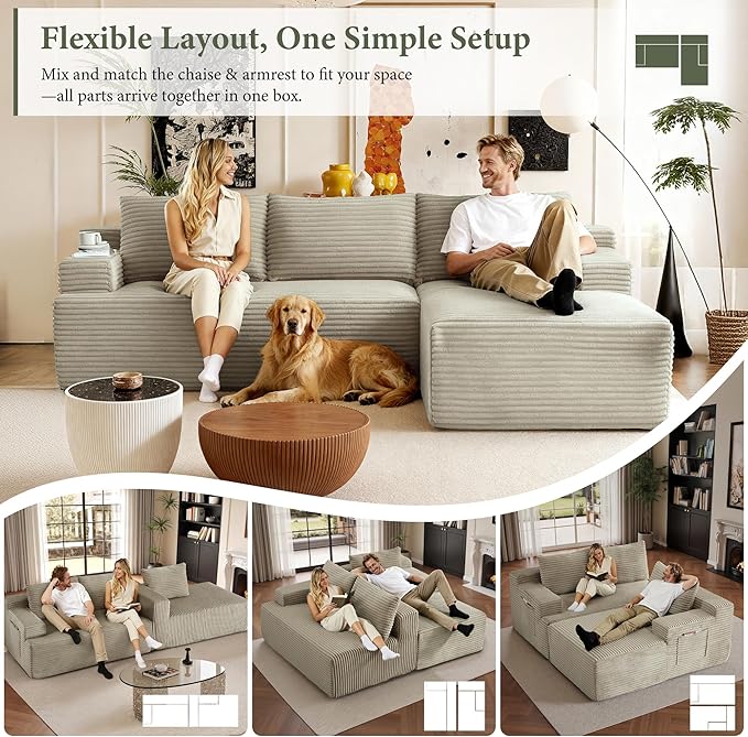 96" Sectional Couches for Living Room Cloud Couch Sofa with L-Shape Upholstered Boneless Couchs Modern Modular Sectional Couch with Chaise (Camel, 96" W+Right Facing Chaise+2Seaters)