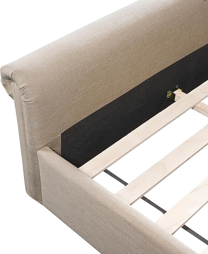Christopher Knight Home Chenzi Linen Upholstered King Bed Frame and Headboard with Footboard, Wooden Platform King Size Bed Frame and Double-Layer Oval Legs, No Box Spring Needed, Sand Brown