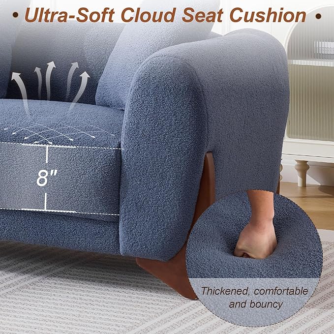 87" Sherpa Boucle Cloud Couch Modern 3 Seater Sofa with Solid Wood Legs, 25" Extra Deep Seat, Comfy Thick Cushion Upholstered Sofa Couches with 3 Pillows for Living Room, Blue