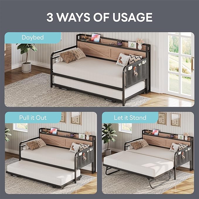 LIKIMIO Twin Daybed, Day Beds with Pop Up Trundle, Storage Headboard with Charging Station, Strong Supports for Apartment and Other Small Space, Wood Color