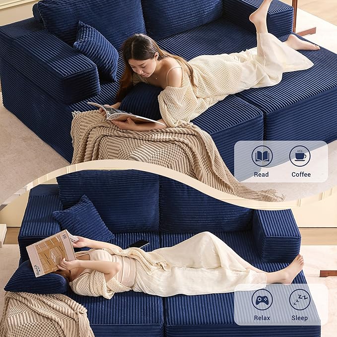 Chaise Lounge Chair, Boneless Couch for Living Room and Bedroom, Set of Sleeper Couches Reading Chairs, Corduroy, Blue