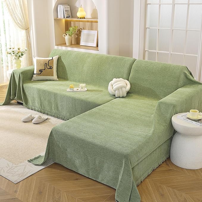 OstepDecor Sectional Couch Covers 2 Pieces, L Shaped Couch Cover Blanket, Sectional Sofa Cover Washable, Chaise Lounge Sofa Slipcovers Pet Furniture Protector for Dogs (71"x118"+71"x118", Green)