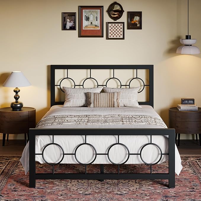 SHA CERLIN Full Size Metal Bed Frame with Vintage Circular Design Headboard and Footboard,No Box Spring Required,Easy Assembly,Noise-Free,Black