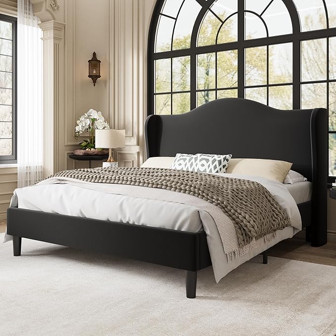 Allewie Queen Size Bed Frame, Upholstered Wingback Platform with 47" Tall Tufted Headboard, Plush Velvet Fabric, Modern Minimalist Design, No Box Spring Required, Tool-Free Assembly, Black