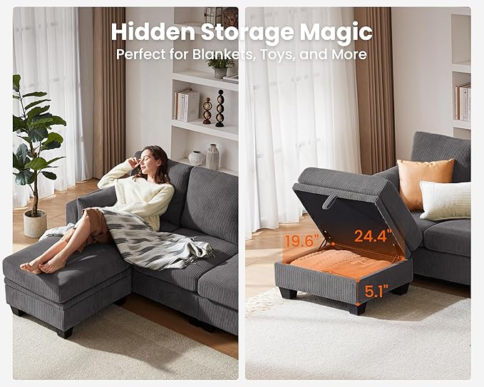 CHIC HOUSE Middle Module for Modular Couch, Corduroy Customizable Chaise, Storage Ottoman for Sectional Sofa, Armrest, Single/Double Seater