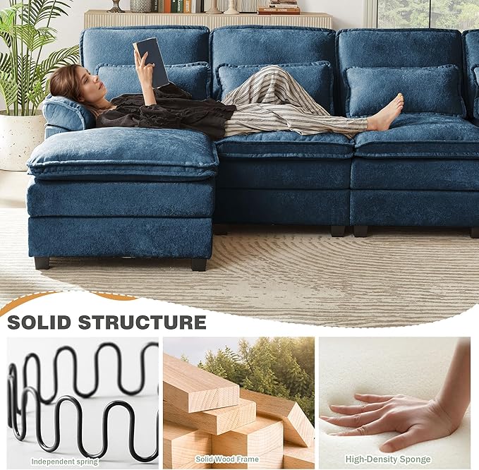 112" Modular Sectional Sofa, U Shaped Comfy Cloud Couch with Double Chaise and Padded Armrests, Modern Deep Seat Sectional Couches for Living Room, Apartment, Office, Dark Blue