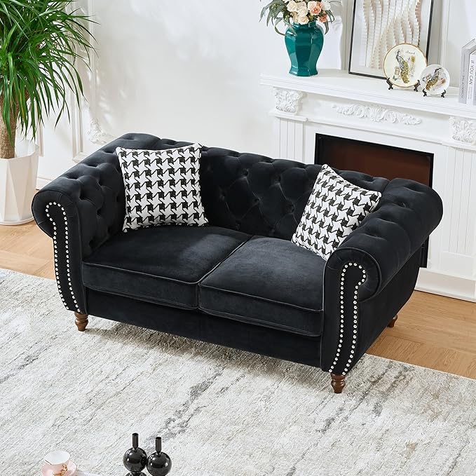 Comfortable Straight-Row Sofa with 2 Pillows,67" Refined Velvet 2 Seat Sofa with Roll Armrest & Nailhead,Sturdy Structure Upholstered Loveseat Couch for Apartment,Office,Reception Area,Black