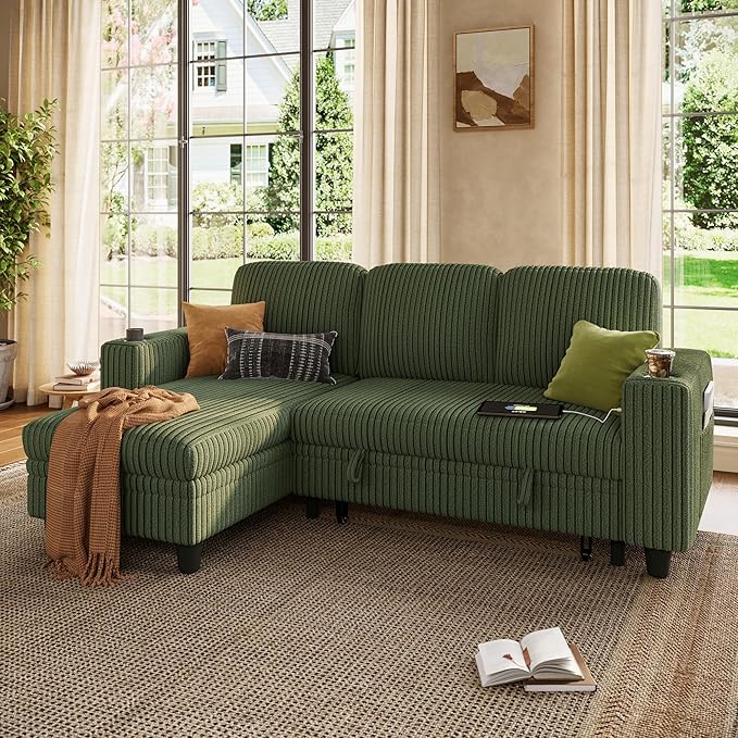 LINSY HOME Pull Out Sleeper Sofa Sectional Couches for Living Room, L Shaped Plush Corduroy Couch with Storage&USB Charging, Convertible Cloud Sectional Sofa Bed for Apartment, Green