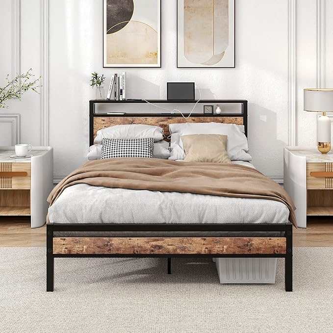 BOFENG Full Size Bed Frame with Storage Headboard,USB Charging Station,Metal Platform Double Bed Frame Full Size,Reinforced Steel Slats Support,No Box Spring Needed,Noise Free,Rustic Brown