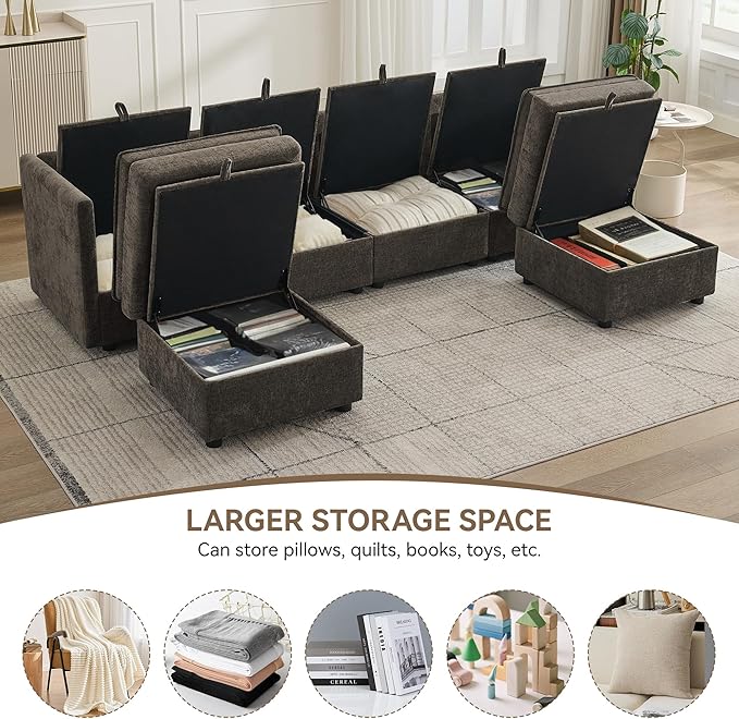 105" Cloud Modular 4 Seater Sofa with 2 Storage Ottoman, Modern Upholstered Sofa Storage Sofa Couch Deep Seat, U Shape Sectional Sofa Chenille Comfy Couch with Armrests for Living Room, Brown | Modular Sofa, 2 Storage Ottoman, Upholstered Sofa, Section...