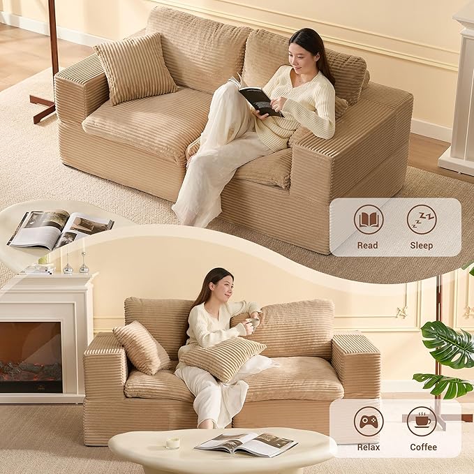 74.8” Set of Cloud Couch, Modular Loveseat Sofa, Convertible Sofas Bed, Deep Seat Sofa, Cozy Sofa for Living Room, Office and Bedroom, Corduroy, Camel