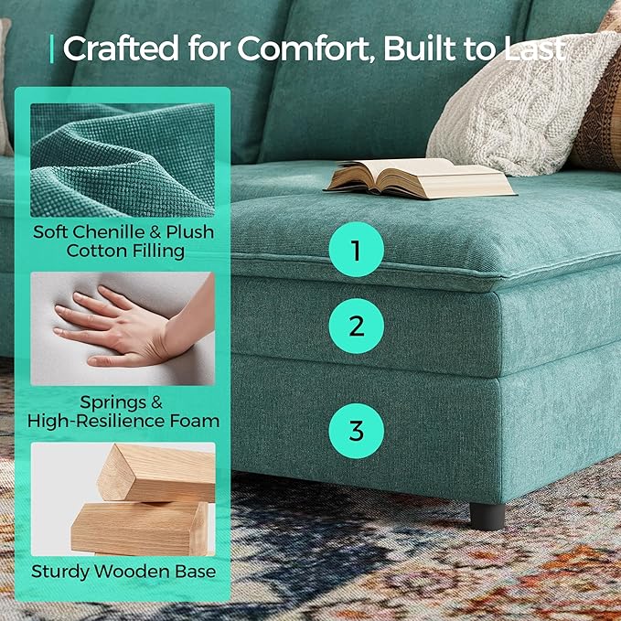 LINSY HOME Modular Sofa Chaise Lounge, 65" Cloud Sofa Bed Lounge with Armrests, Chenille Sleeper Sofa for Living Room, Apartment, Home Theater, Green