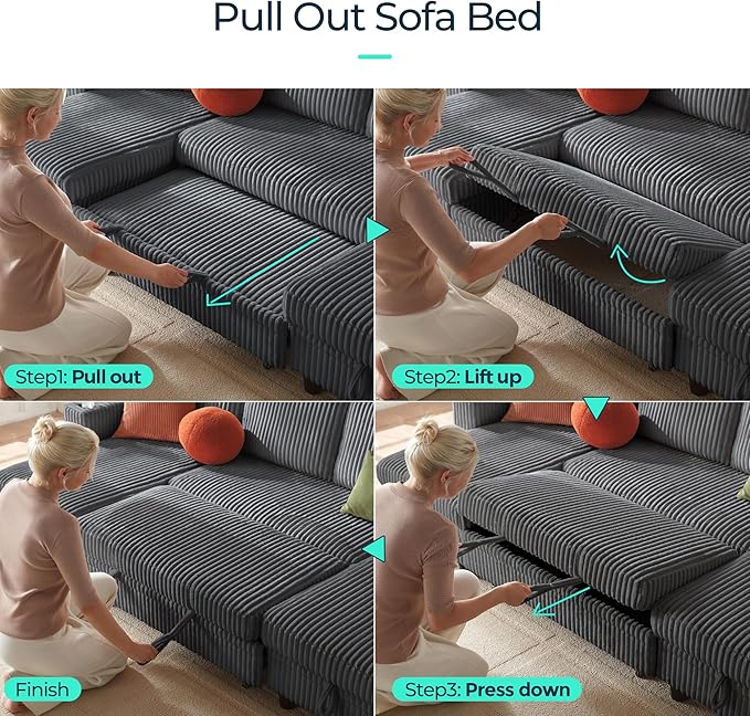 LINSY HOME Sectional Sleeper Sofa Pull Out Couches for Living Room (Grey, Sleeper Sofa 3) | Pull Out Sofa Bed, Storage, USB Charging, Cup Holders, Plush Corduroy