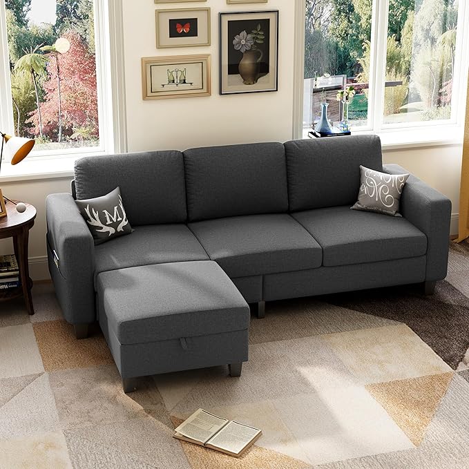 78" Sectional Sofa Couches for Living Room, Dark Grey Convertible L Shaped Couch with Storage Ottoman, Deep Seat Pet-Friendly Linen Fabric Sofa Set for Small Space, Apartment, Dorm