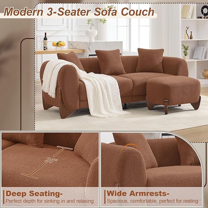 87" Sherpa Boucle Cloud Couch with Ottoman, Modern 3 Seater Sofa with Solid Wood Legs 25" Extra Deep Seat Comfy Thick Cushion Upholstered Sofa Couches with 3 Pillows for Living Room, Caramel