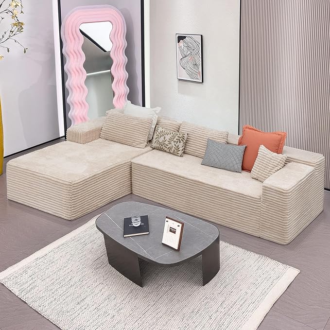 Boneless Modular Sectional Sofa, Cloud Couch with Right Facing Chaise, Oversized Deep Seat, L-Shaped, Soft Corduroy Fabric, Sectional Couch for Living Room -White