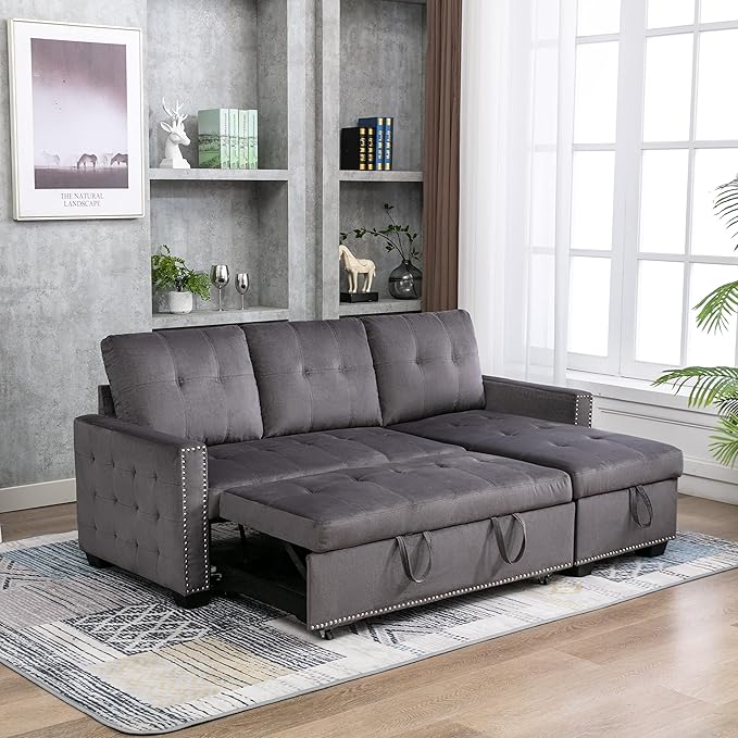 HABITRIO Sectional Sofa with Pull-Out Sleeper Bed, 76.8" Velvet Upholstered 2-Seat Solid Wood Frame Couch & Reversible Storage Chaise Lounge, Modern L-Shaped Corner Sofa for Living Room, Office